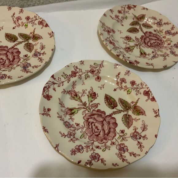 Vtg Johnson Bros England Rose Chintz 3 Scalloped Saucers 6” hand engraving G18 - Picture 5 of 9